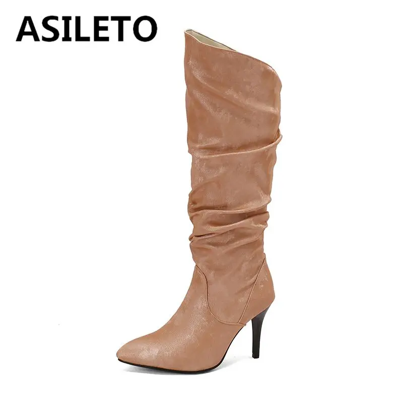 

ASILETO Sexy Women Knee High Boots Pointed Toe Stiletto 9cm Flock Suede Pleated Slip On Large Size 46 47 48 Fashion Party Bota
