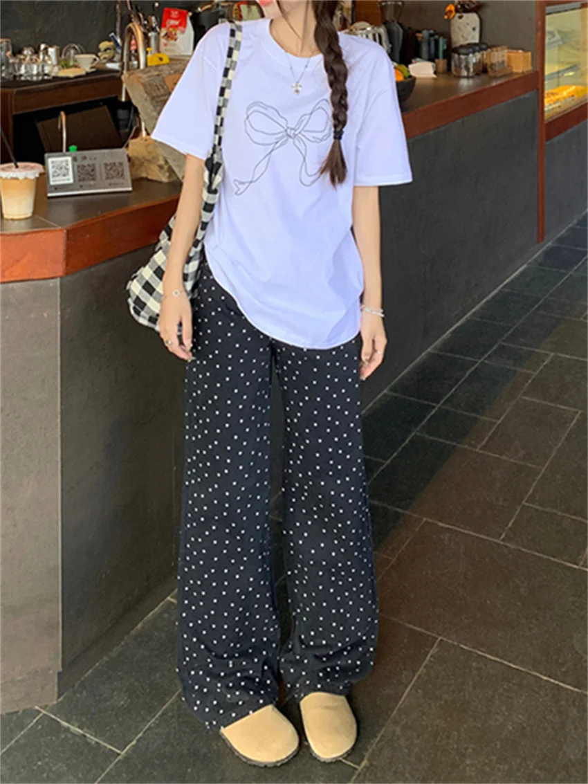 Alien Kitty All Match T-hirts Women Chic Polka Dots Chic Straight Pants Wide Leg New Slim Casual Office Lady Short Sleeve Summer