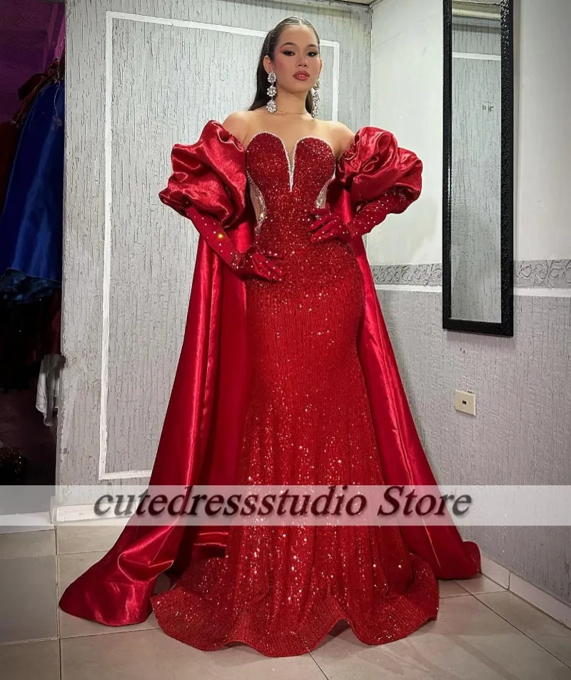 Stunning Red Evening Dresses With Cape Sequin Mermaid Prom Gowns Gloves African Aso Ebi Wedding Party Dress Customized