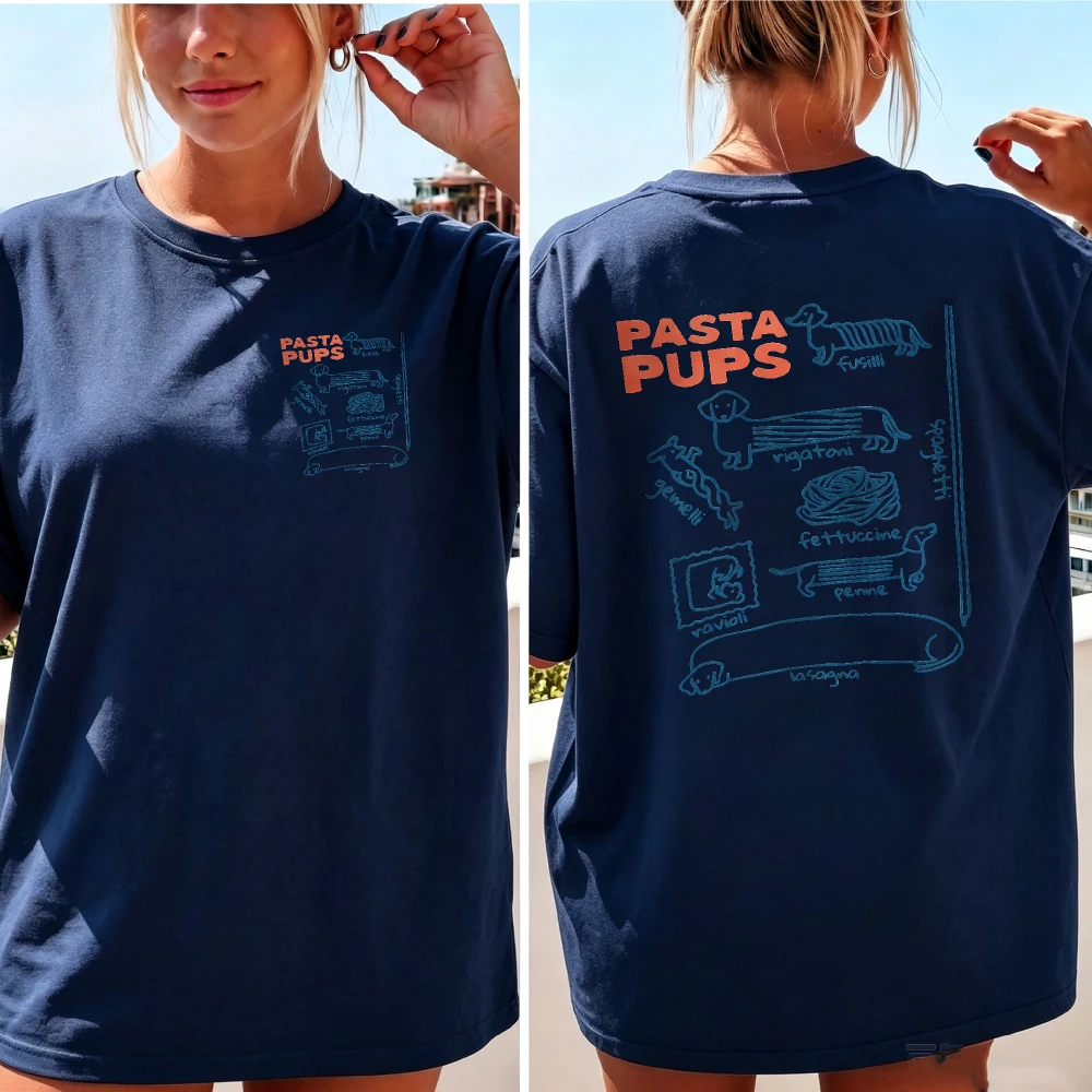 Women Pasta Pups Dachshund Dog Line Art T Shirt Funny Wiener Dog Spaghetti Pun Text Cotton Dog Owner Italian Food Casual Blouse