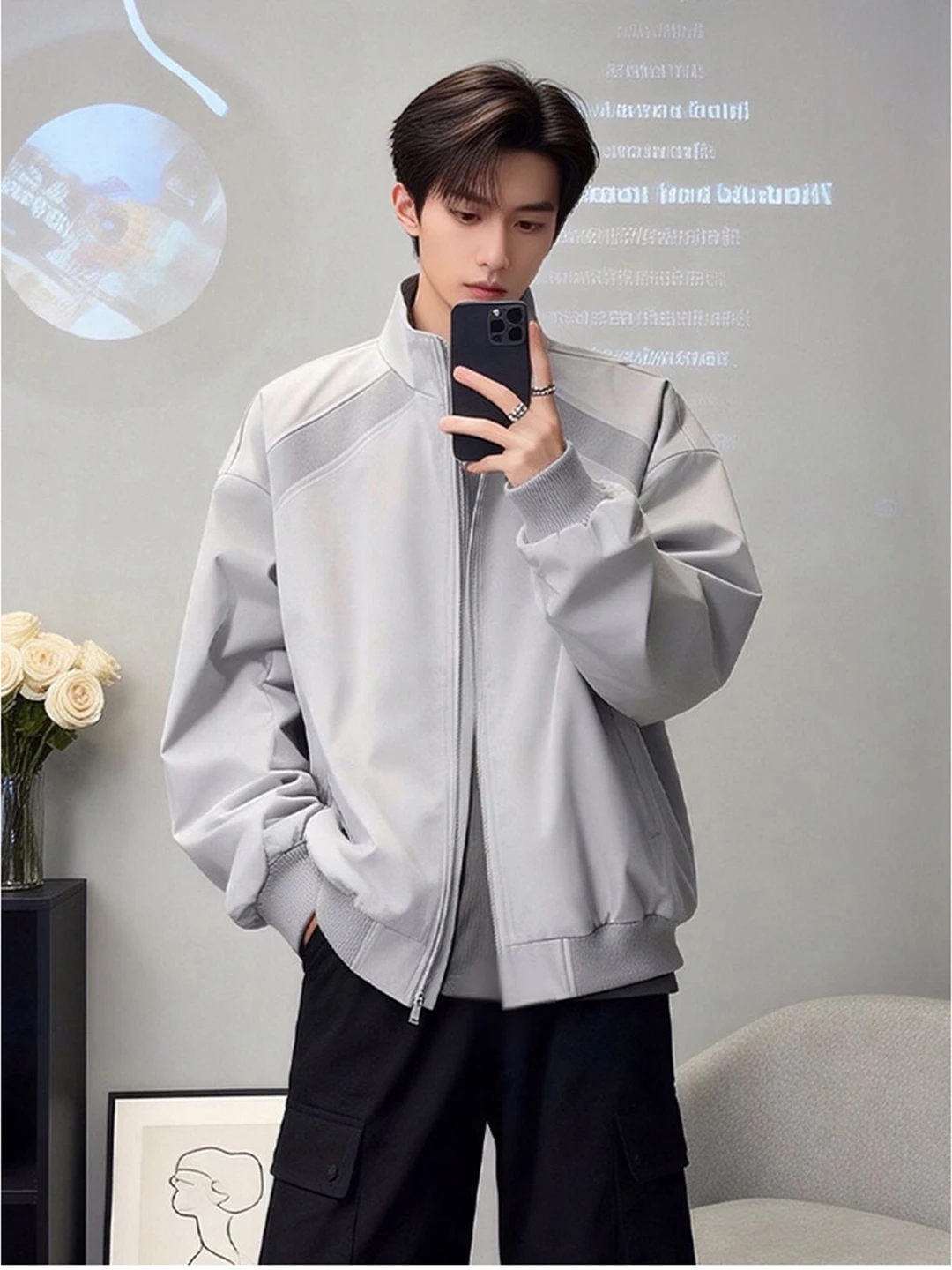 

Light Grey Splice Men's Flight Jacket Spring American Three-Proof Stand Collar Short Coat Waterproof Youth Fashion Leisure Sport