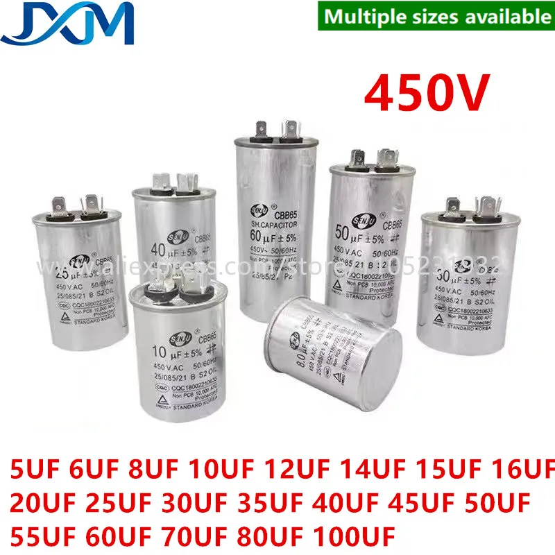 1PCS CBB65 450V 5UF 10UF 20UF 30UF 40UF 50UF 55UF 80UF Air Conditioner Capacitor Compressor Motor Runs Starting Capacitor 450VAC