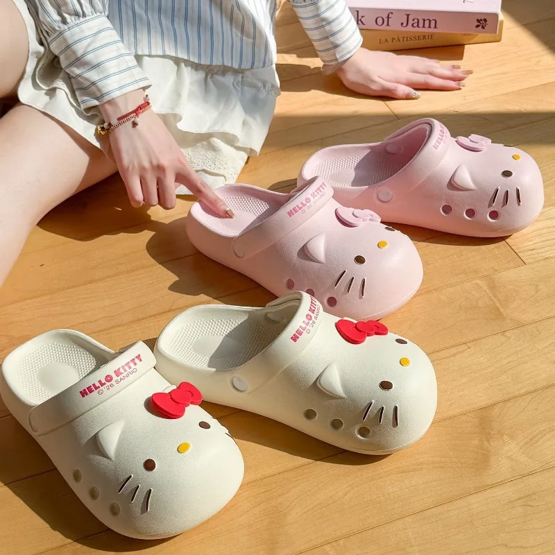 Hello Kitty Summer Slippers for Women Girls Kawaii KT Cartoon EVA Thick Soled Non-Slip Breathable Slides Casual Soft Slippers