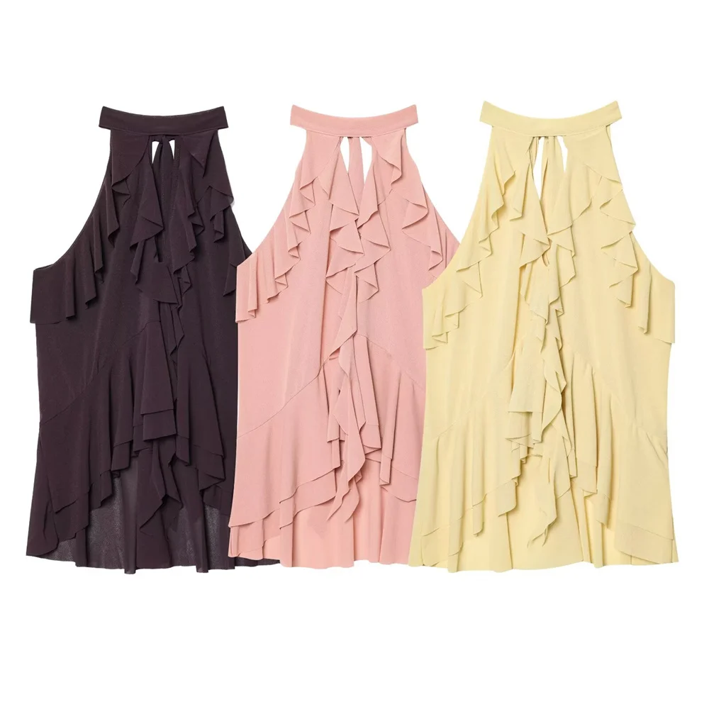 

women's summer new product simple temperament sleeveless slim fit layered decoration hanging neck collar top