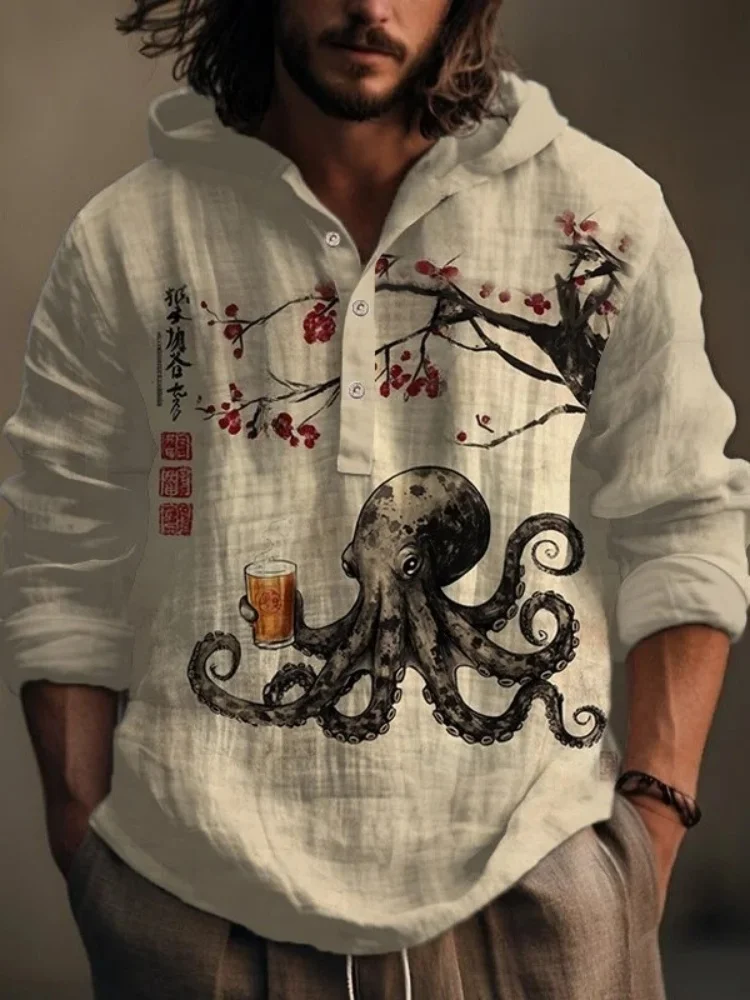 

Men's Long Sleeve Tops Vintage Octopus Drinking Under A Tree Japanese Art Print Hooded Shirt Oversized Autumn Loose Tunics 2025