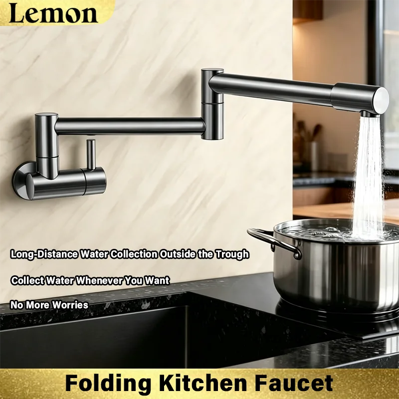 Flush-Mounted Folding Faucet for Kitchen Stove, Multi-Directional Rotating, Telescopic, Stainless Steel, Cold Water Only