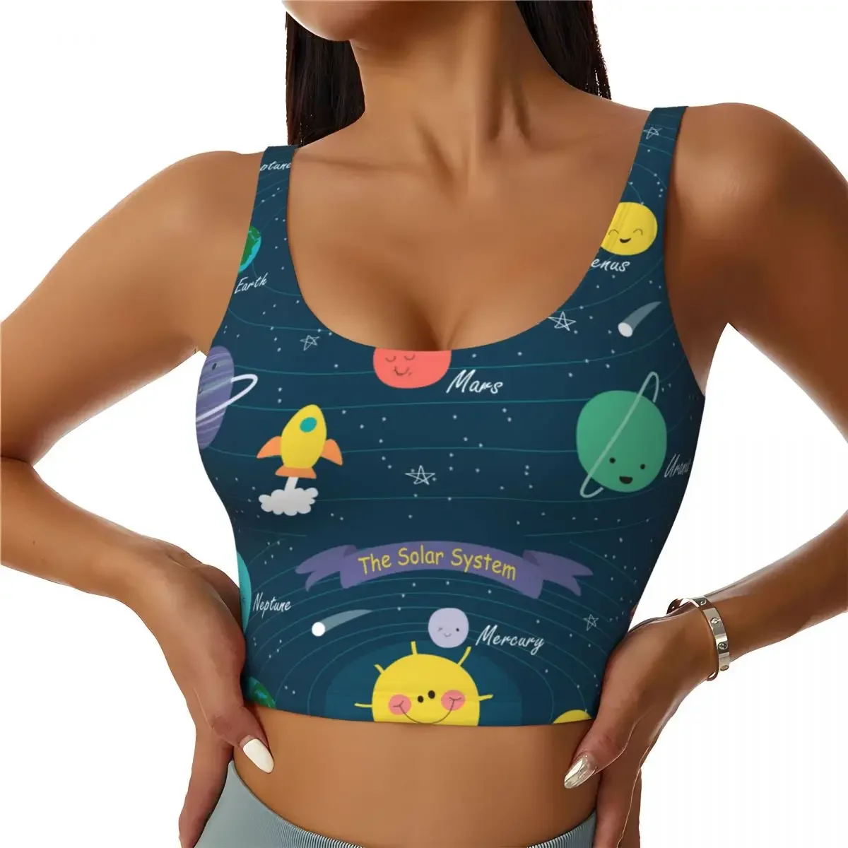 

Женский сексуальный спортивный жилет с мультяшными планетами, солнечная система, женская уличная одежда, спортивное белье, футболка, укороченный топ