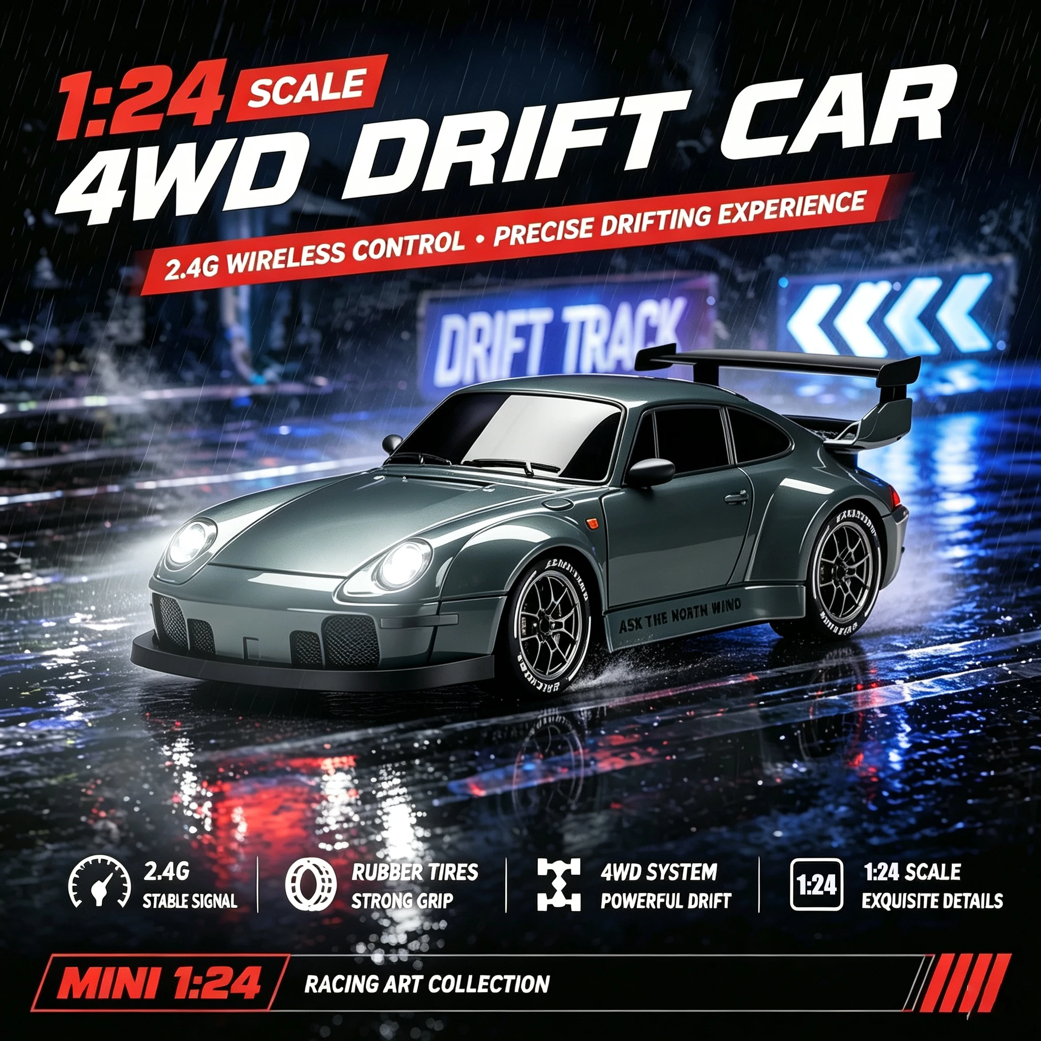 RC Drift Car 1:24 Remote Control Car 20KM/H 4WD High Speed RC Car with LED Lights Extra Drifting Tire Durable Metal Body for Kid