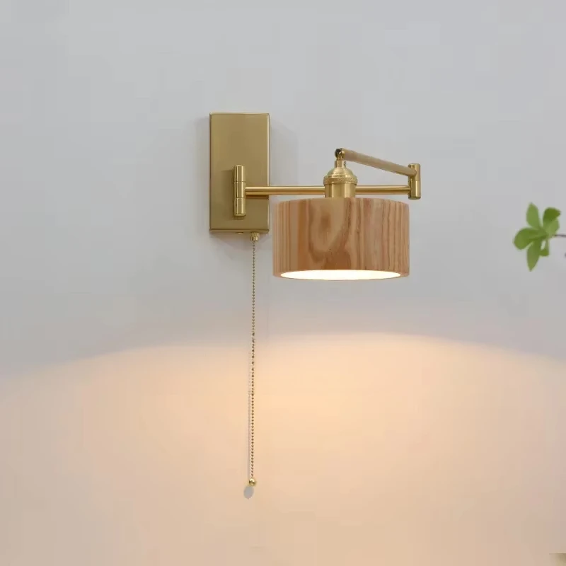 

Rotate Wall Lamp Sconce Pull Chain Switch light Bedroom interior wall lamp with plug Stair Light Wooden Lampshade room decor