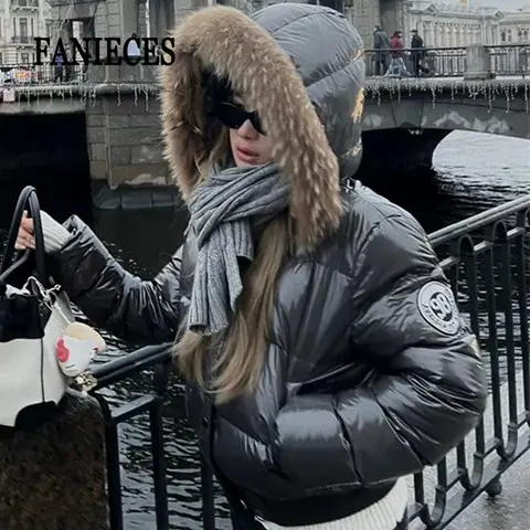 Russian Winter Warm Faux Fur Hooded Quilted Puffer Jacket Women Y2K Retro Padded Short Coat Casual Parka Glossy Outerwear куртка