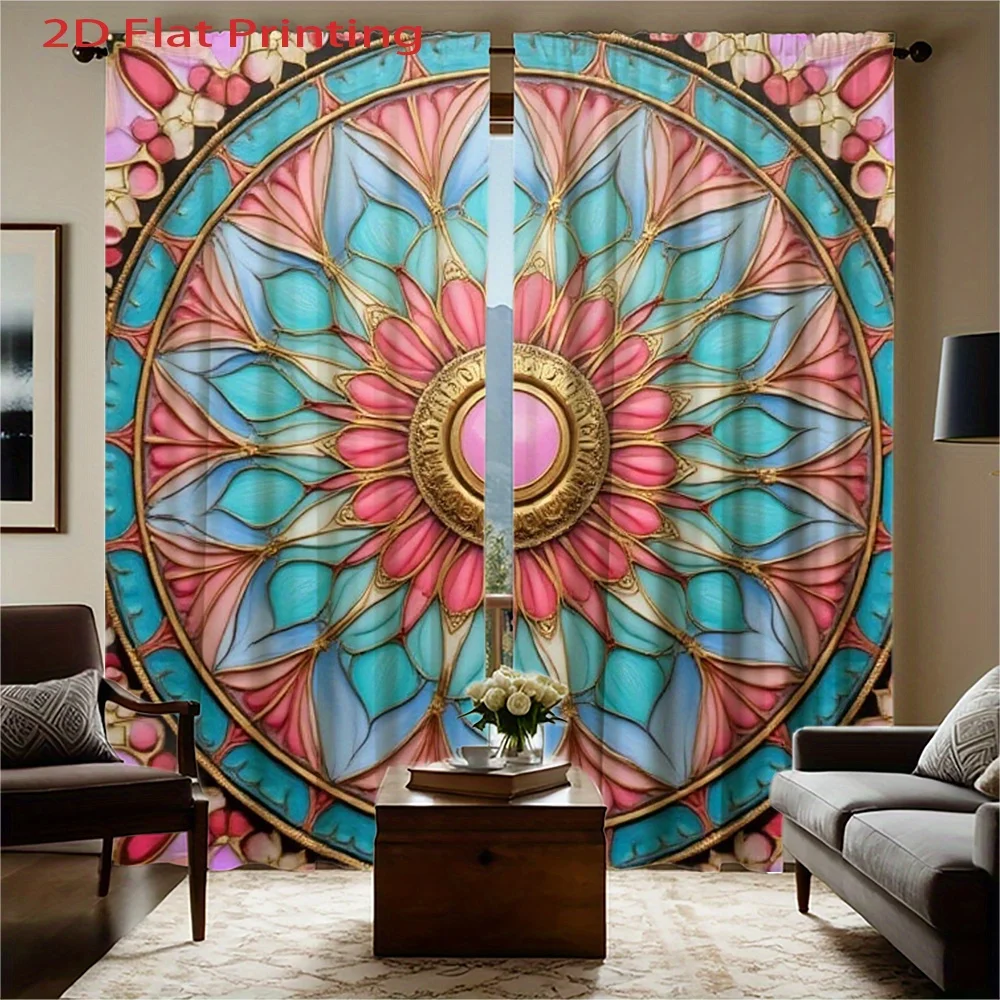 2D Flat, 2pcs Elegant Floral Window Curtains - Semi-Sheer Privacy Drapes with Pink, Blue, Golden Floral Patterns, Lightweight Fl