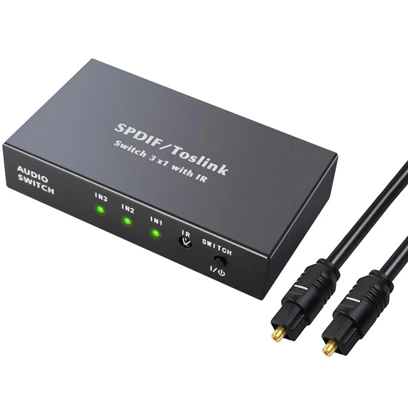 3 Port Optical Switcher Splitter 3 in 1 Out, with 2 Way Spdif Toslink Optical Splitter/IR Remote Control Optical US Plug