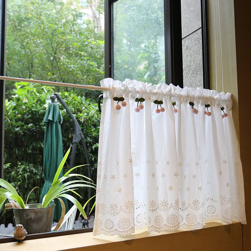 American Style Pink Cherry Embroidered Cotton Curtain Semi-Transparent Door Curtain Coffee Color No-Punching Required