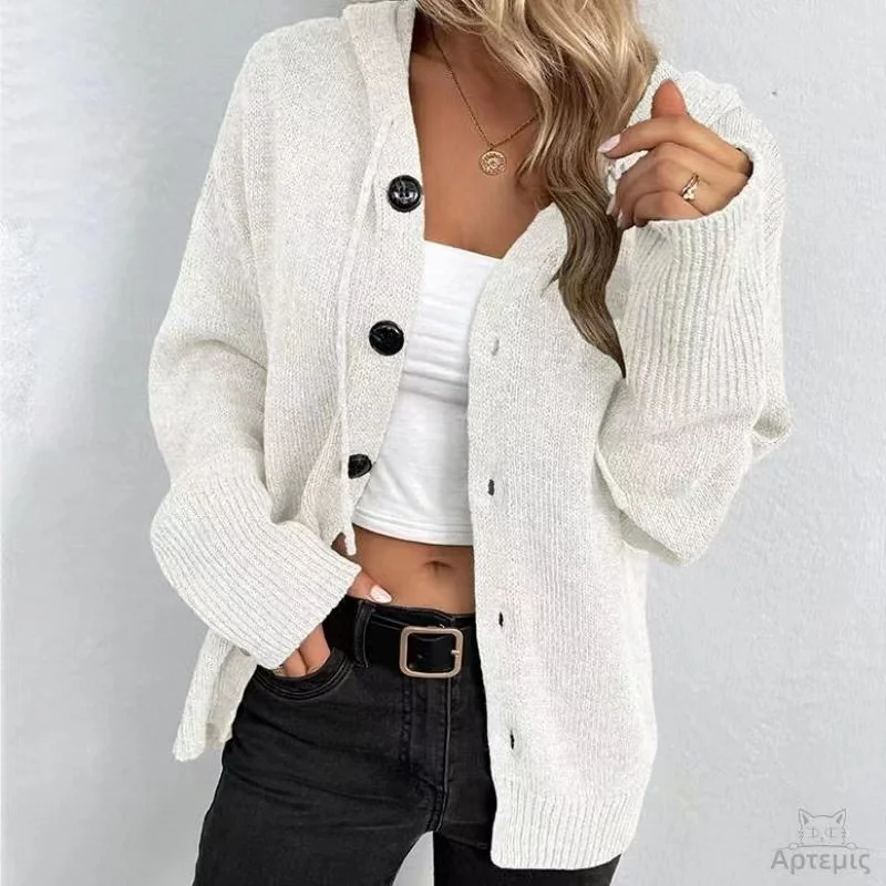 Hooded Cardigan for Women Drawstring Button Up Knit Cardigan Sweater Jacket Autumn Winter Ladies Outfit