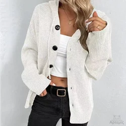 Casual Hooded Cardigan Women Button Up Knitted Sweater Jacket Autumn Winter Ladies Casual Outfit