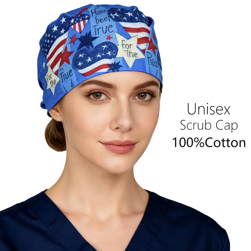 

Новые рабочие шапочки-скрабы с принтом американского флага, аксессуары для кормления, шапка медсестры для женщин и мужчин, хирургическая шапочка из 100% хлопка с повязкой на поту