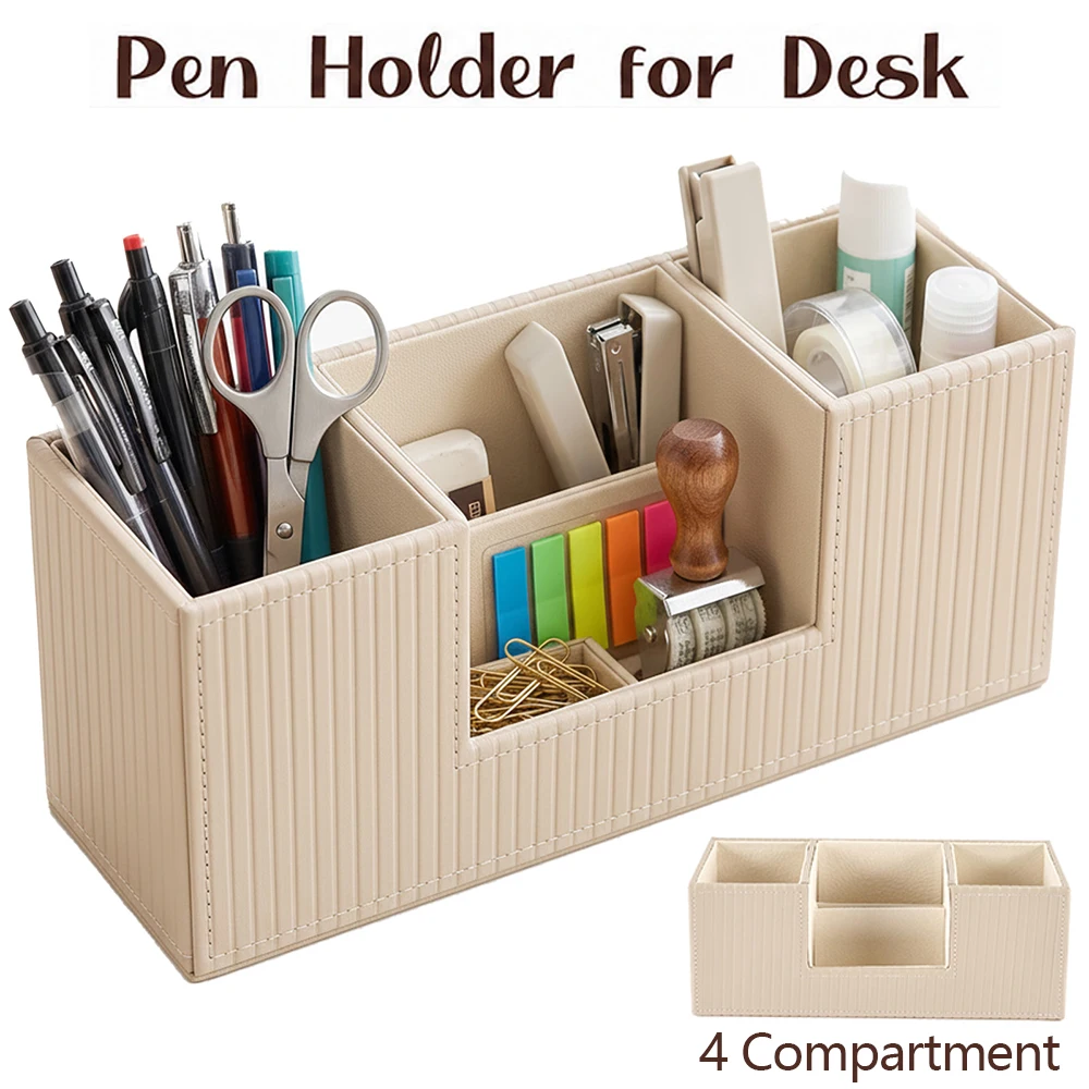Desktop Storage Box PU Leather Pen Holder with 4 Compartment Office Desk Pen Organizer Space Saving Cosmetics Finishing Box