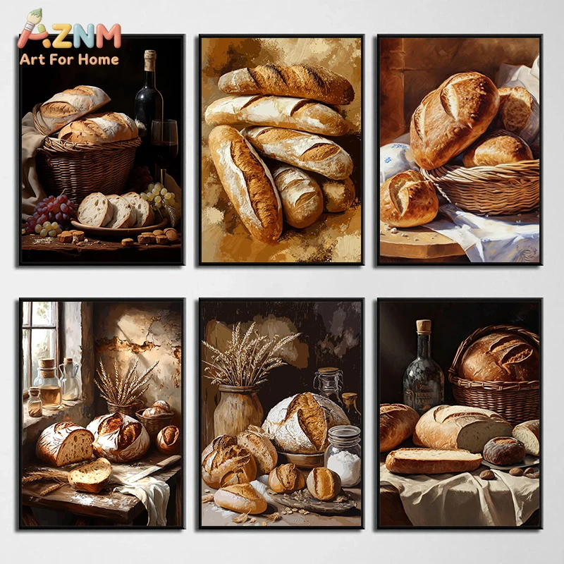 AZNM Vintage Bread Still Life Canvas Wall Art Print, Rustic Bakery Oil Painting Style Poster with Wine Wheat for Kitchen Dining