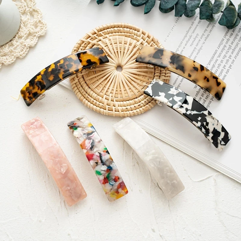 Women Leopard Hair Clip Acetate Automatic Hairpin Vintage French Geometric Marble Colorful Spring Clip Hair Accessories for Girl