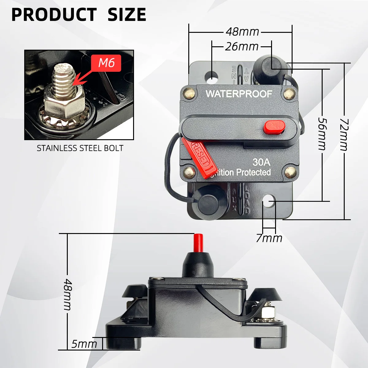 Circuit Breaker Fuse 20A to 300A Manual Reset Inline Fuse Inverter Waterproof Auto Car Yacht AV Aduio Video System IP6 12V 48VDC