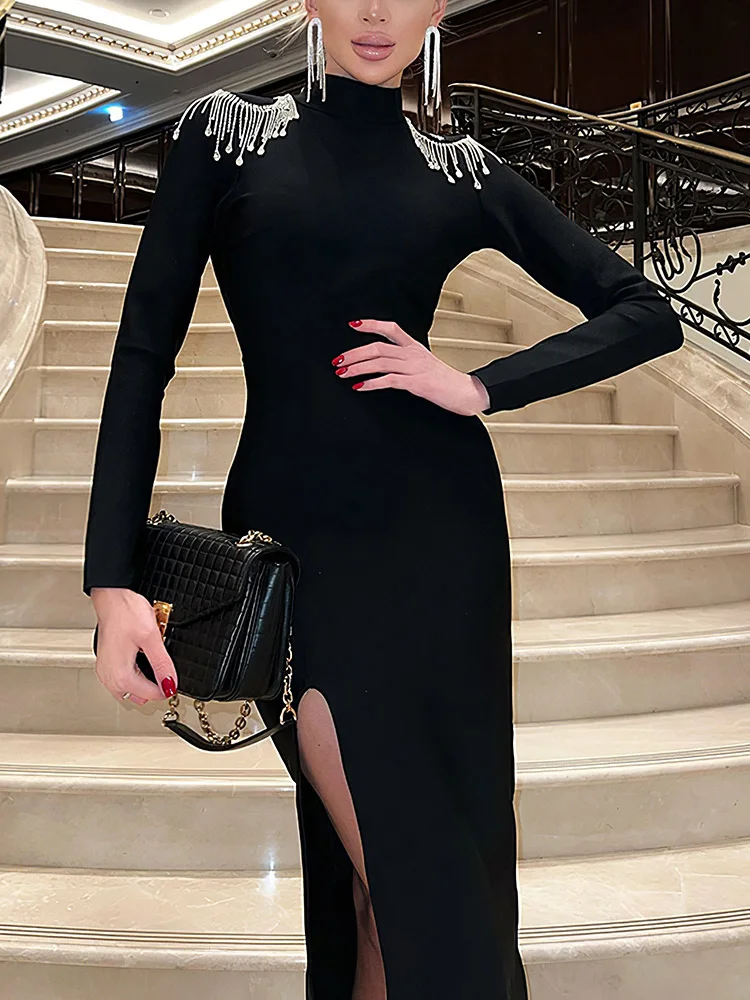 

Deioao New Chic Lady Skinny Black Turtleneck Dress Women Backless Sexy Slim Fit Solid Dress Party Club Long Sleeve Chain Dresses