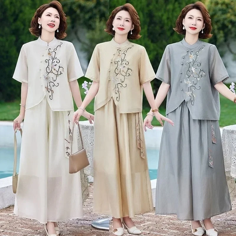 

Summer New Chinese Style Women's Embroidered Pan Button Top and Pants Two Piece Set with Elastic Chinese Lace Wide Leg Pants Set