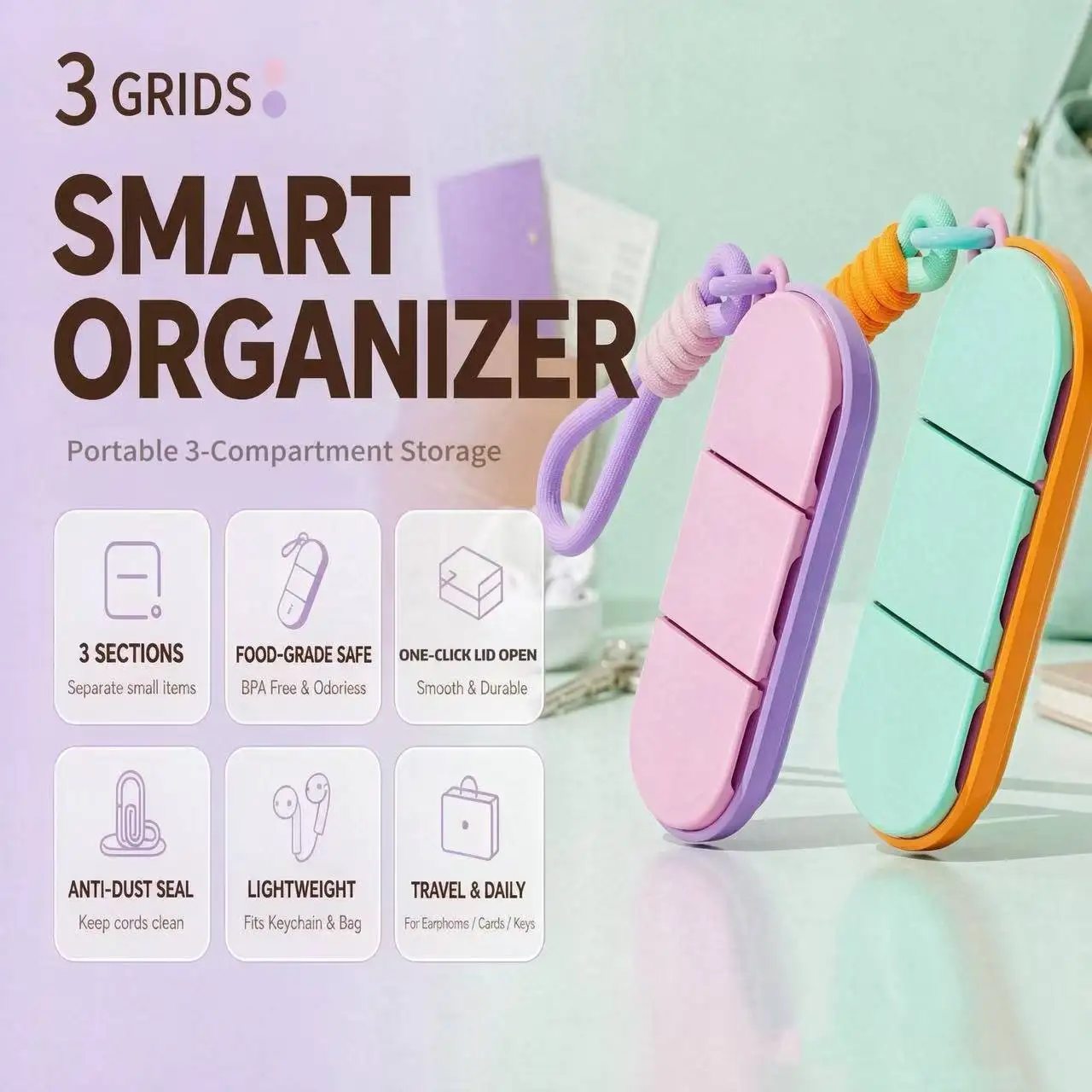 Portable 3 Compartment Pill Box with Keychain Lanyard, Waterproof Moisture Resistant Travel Pill Organizer