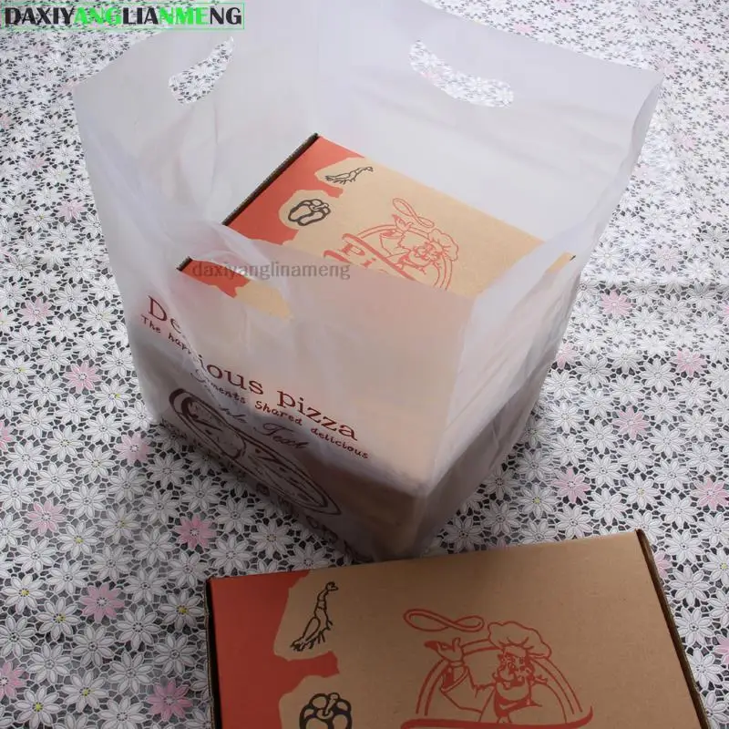 50pcs/lot Pizza Takeaway Packaging VEST Bag For 7/9/10/12inch Box Plastic Food Carry Hollow Tote Bags logo