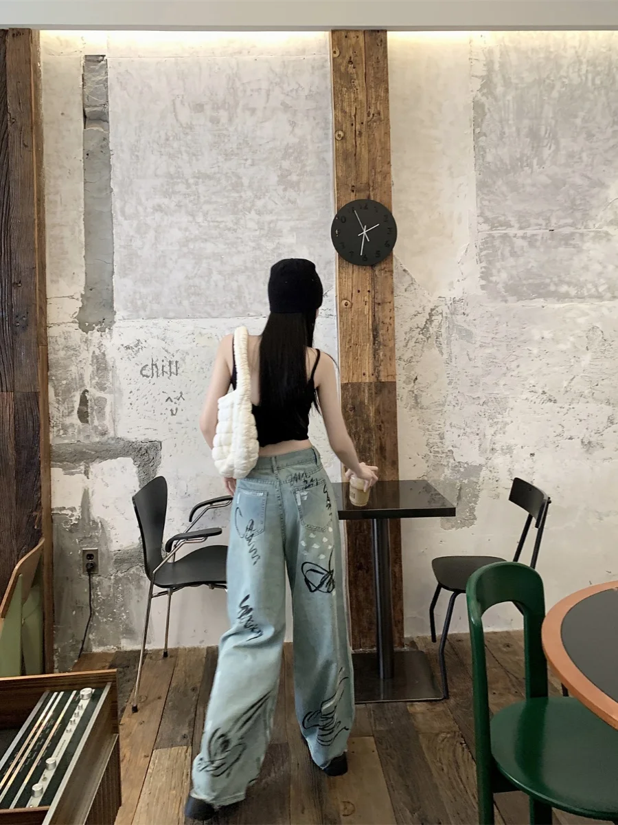 Frauen Grafik druck zerrissene Jeans Vintage Harajuku Baggy Denim Hose Y2k Cowboy Hose trashy japanische 1920er Jahre Stil Kleidung 2000