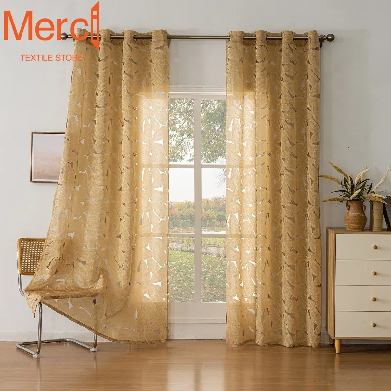 European Coffee Colored Transparent Hollow Leaf Window Screen Tulle Curtains for Living Dining Room Bedroom Custom Size Luxury
