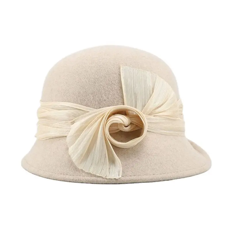 Womens Winter Wool Cap Gatsby 1920s Bucket Hat With Elegant Natural Silk Handmade Flower Cloche Church Wedding Hat