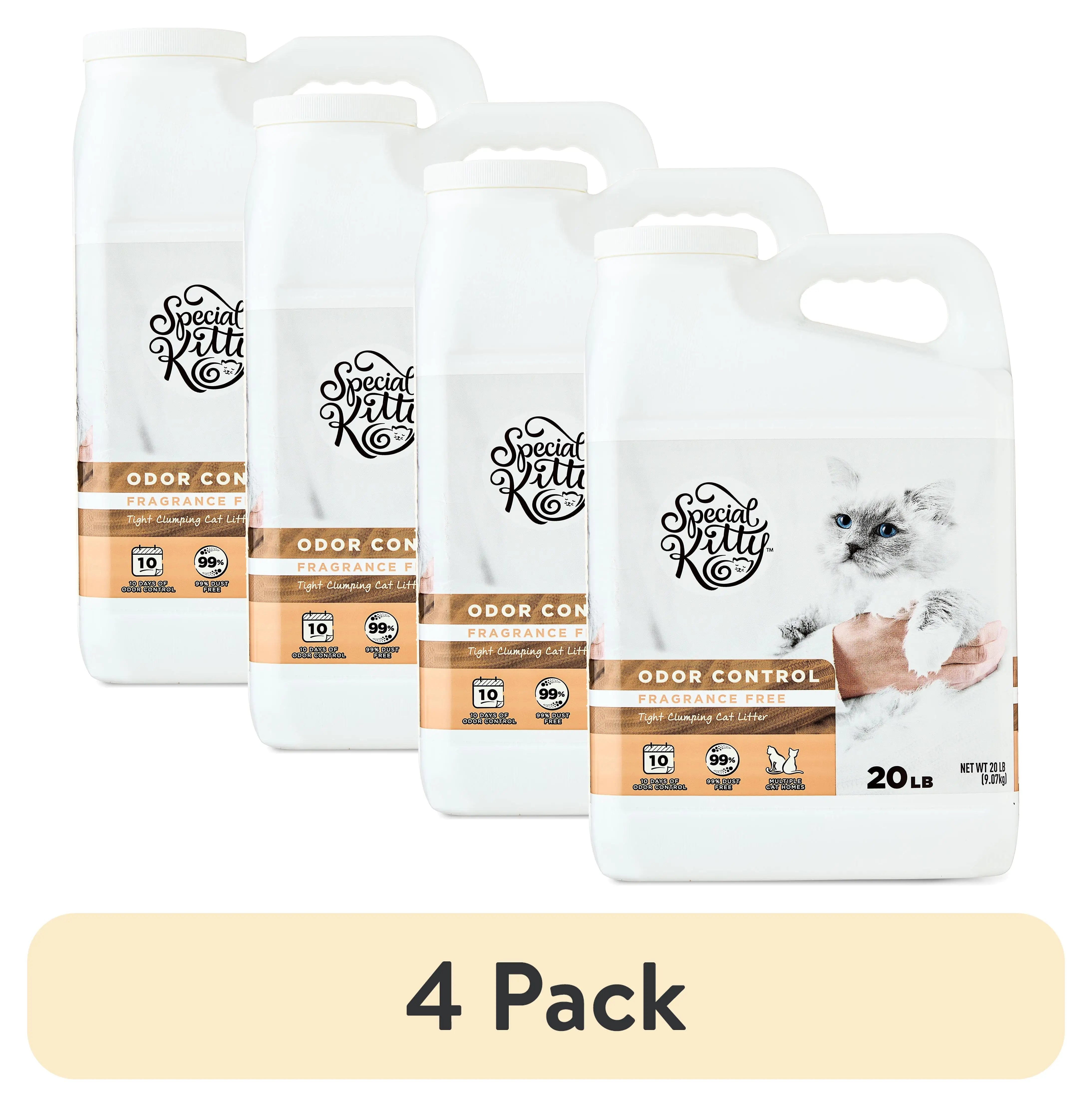 

4-pack unscented clumping clay cat litter in 20 lb jugs