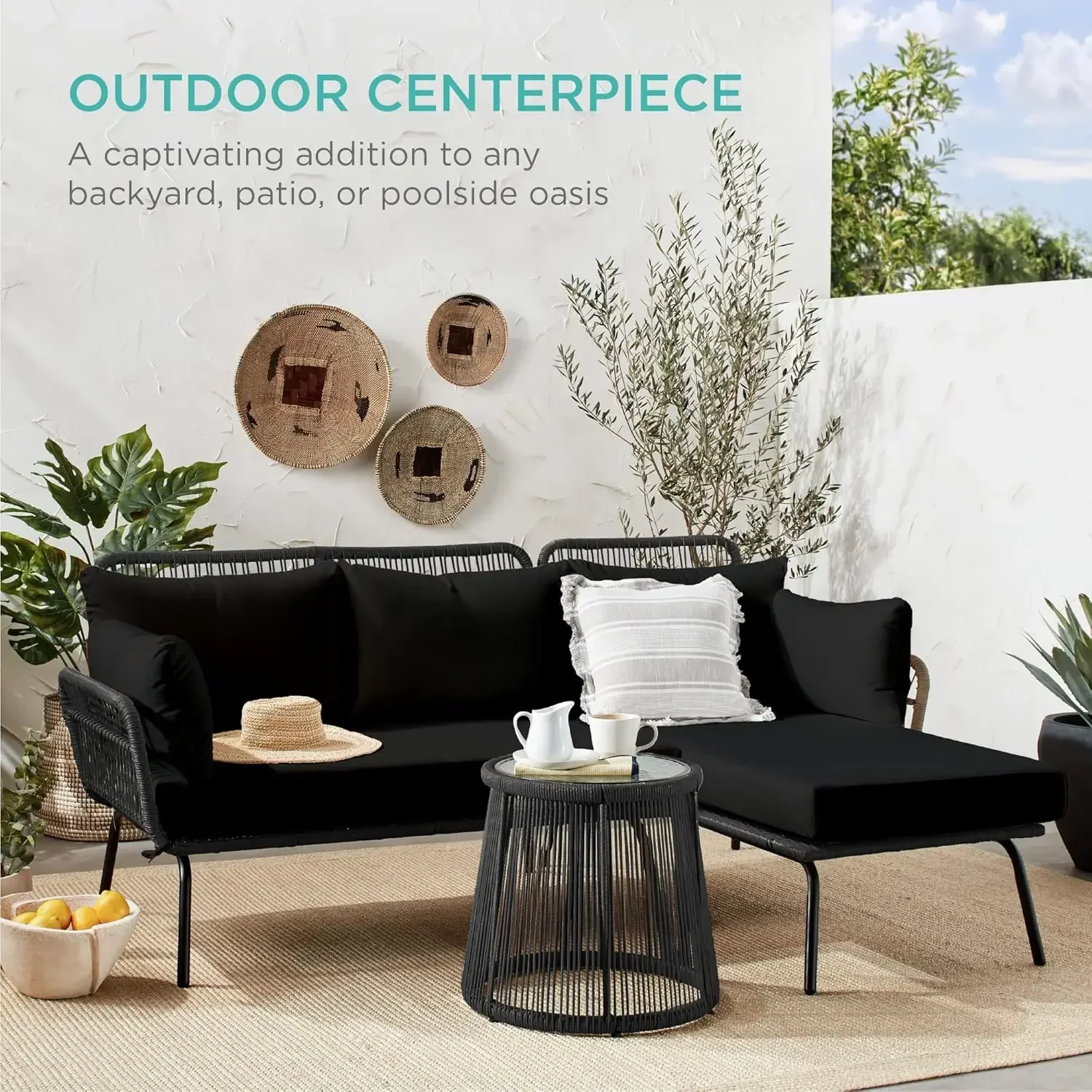 Outdoor Rope Woven Sectional Patio Furniture L-Shaped Conversation Sofa Set ,Detachable Lounger, Side Table - Black