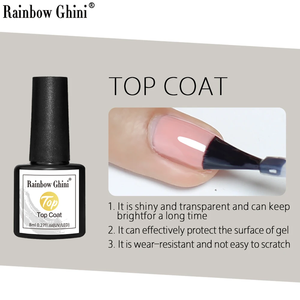 Rg 8ml sem camada de limpeza transparente brilhante revestimento superior para gel polonês semi-permanente uv led arte do prego base casaco resistente a riscos
