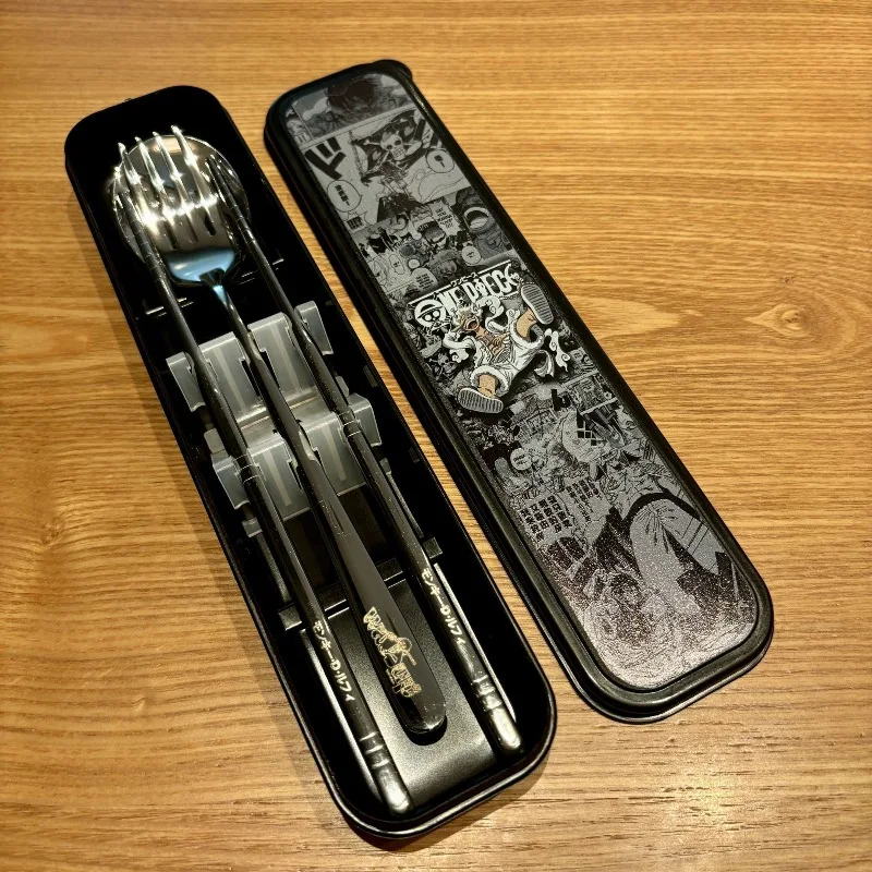 

New One Piece Cute Cartoon Anime Creative Nika Luffy One-person Portable Tableware Kawaii Chopsticks Fork Spoon Three-piece Set