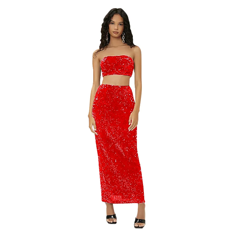 Sequin Fashion Womens Dresses 2 pcs Set Party Dresses Sexy Off Shoulder Evening dresses Female Birthday Cocktail From Prom Dress