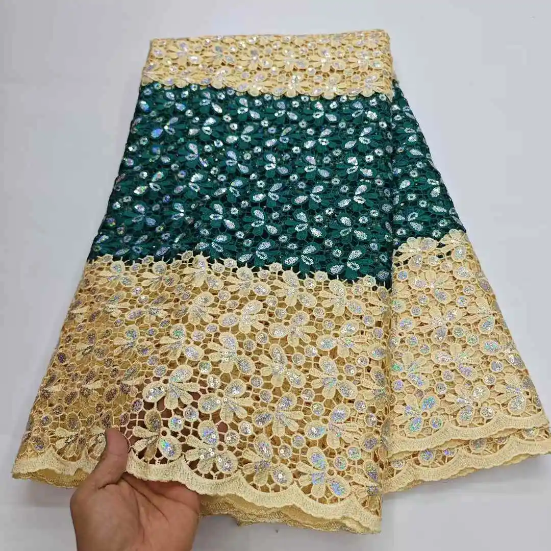 

New Style Nigerian Guipure Cord Lace Fabric 2025 High Quality Lace Water Soluble Embroidered Fashion Sequins Lace Fabric 5 Yards