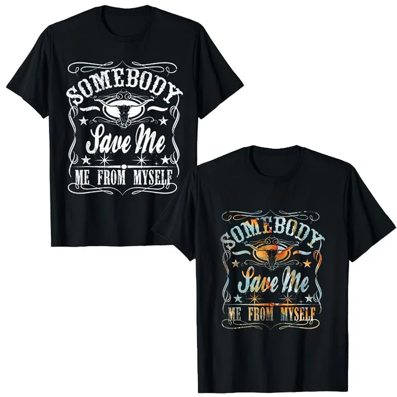 Vintage Somebody Save Me From Myself Floral Skull Retro T-Shirt Humor Funny Country Music Cowboy Cowgirl Graphic Tee Tops Gifts