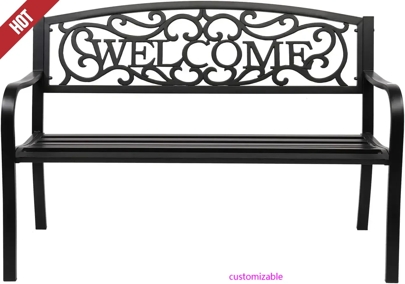 

Outdoor Bench for Patio Metal Garden Bench w/PVC Back Pattern, Steel Black Outdoor Bench