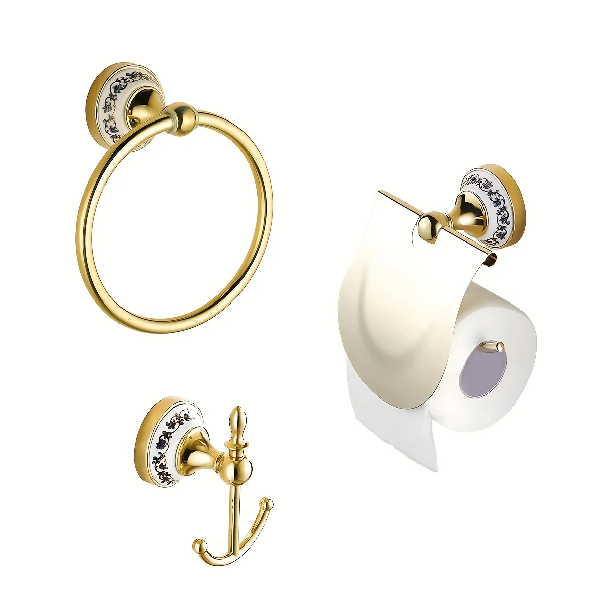 European-Style Blue and White Porcelain Toilet Paper Holder Bathroom Hardware with Double Hooks, Towel Ring, and Covered Toilet Paper Holder, Gold-Plated Blue and White Porcelain Toilet Paper Holder, Drilled Installation