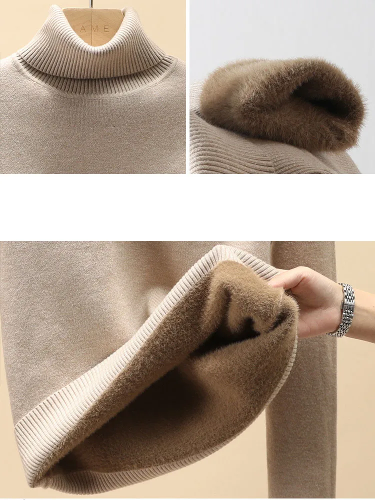 Fall Winter Knit Turtleneck Sweater Korean Thicken Velvet Lined Sueter Knitwear Pullover Women Warm Slim Jersey Tops Jumper New