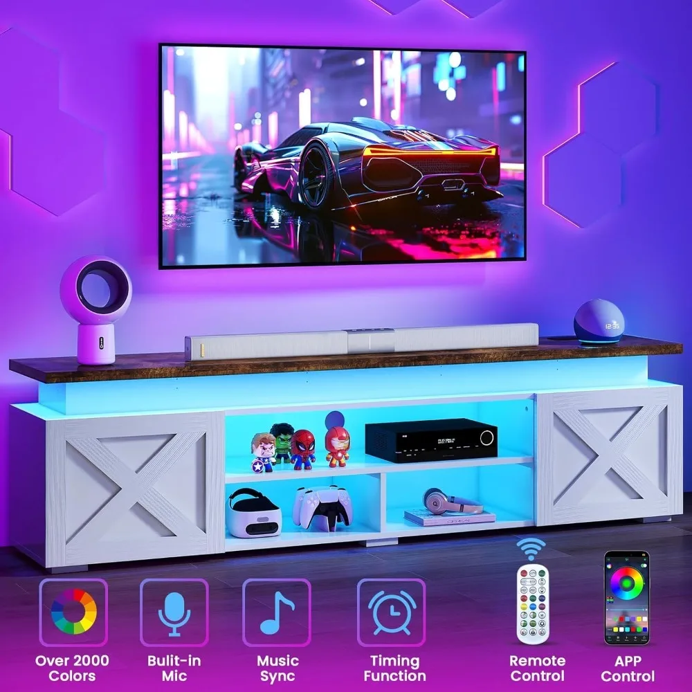 Farmhouse TV-Stand for 80" TVs - Modern Entertainment Center with Led Light and Power Outlet, TV Cabinet with Adjustable Shelf