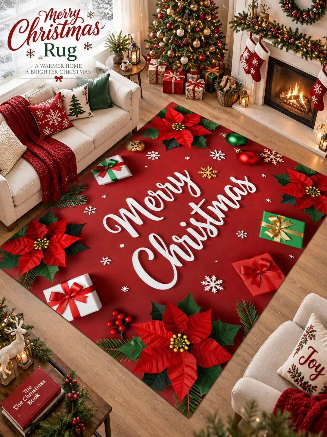 Christmas Rug Poinsettias Presents Living Room Bedroom Lounge Hallway Floor Carpet Gift for Mom Dad Sisters Friends Winter Thanksgiving Birthday Anniversary Housewarming Apartment Cabin Farmhouse Home Styling Sofa Side Reading Nook Holiday Gathering