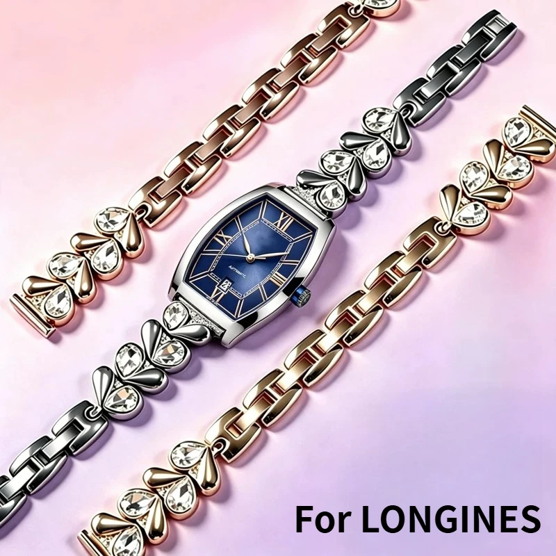14MM Steel watch strap Diamond-studded watchband women for original LONGINES EVIDENZA barrel-shaped L2.142 ELEGANT L682134842