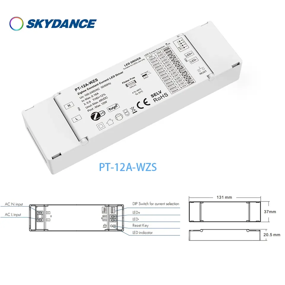 10-42VDC 12W Zigbee 3.0 Constant Current LED Driver 100-700mA/ 2x(150~450)mA for Downlight Spotlight And Decorative Applications