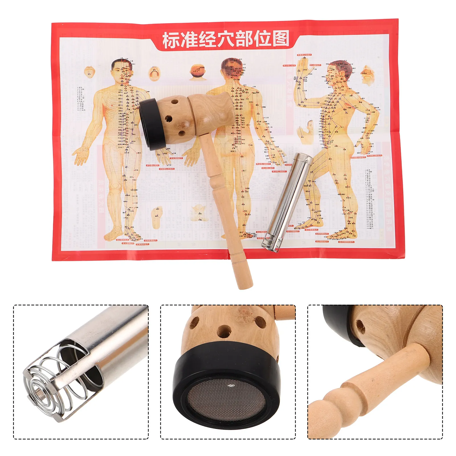 1Set Handheld Moxa Box Ergonomic Wooden Moxibustion Box Portable Heat Therapy Tool Pusher Acupuncture Point Chart Moxibustion