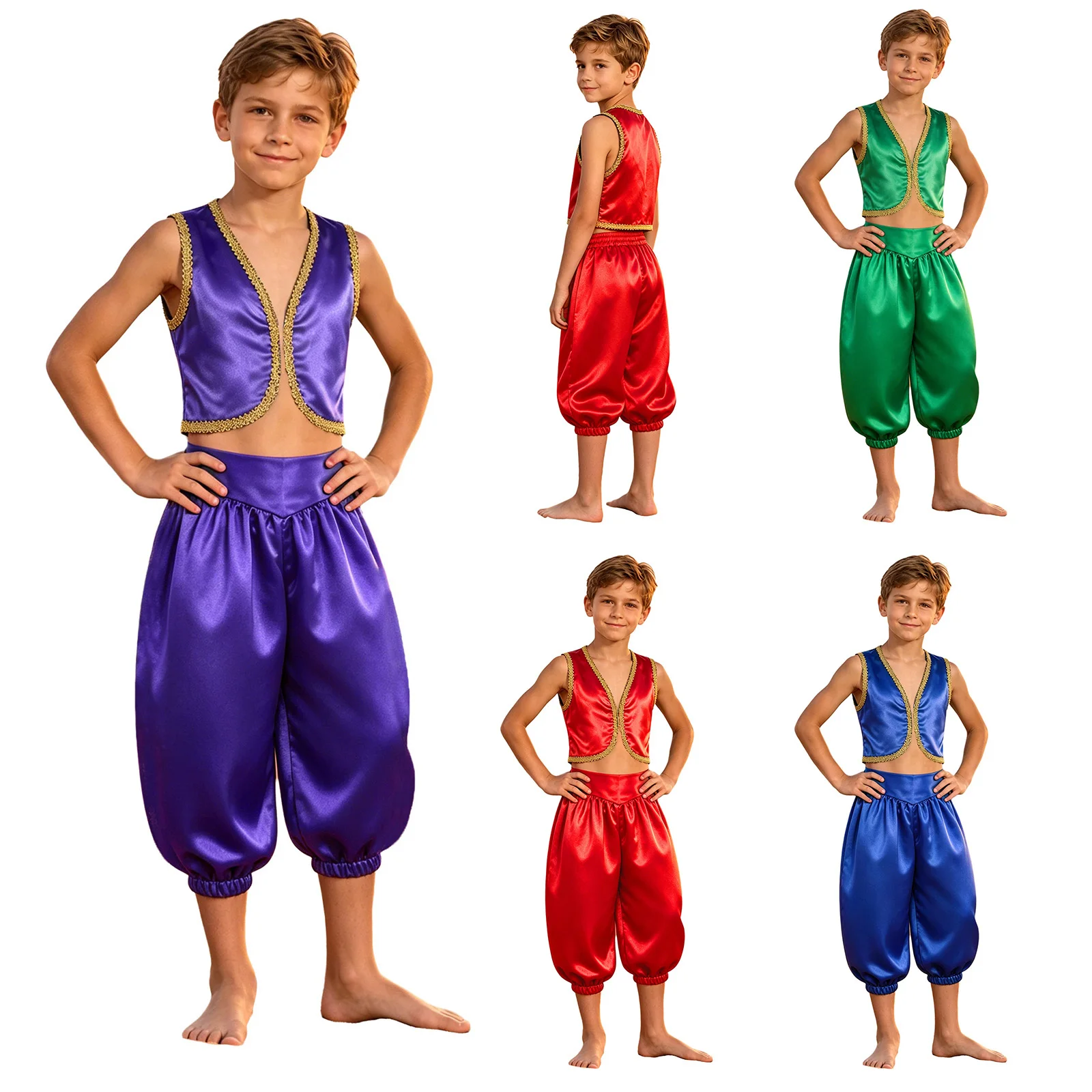 Kids Boys Arab Prince Outfit Open Front Satin Vest with Capri Pants Halloween Carnival Theme Party Lamp Elf Toad Cosplay Costume