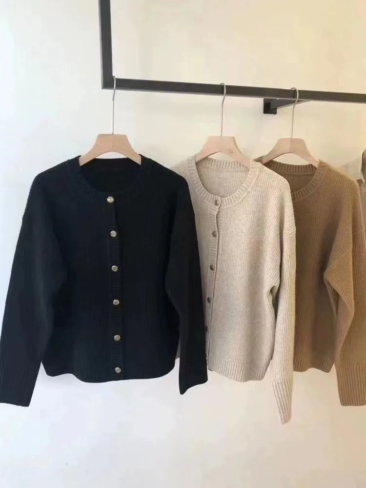 Autunno inverno girocollo 100% cashmere maglione manica lunga cardigan lavorato a maglia donna sciolto tinta unita maglione lavorato a maglia di