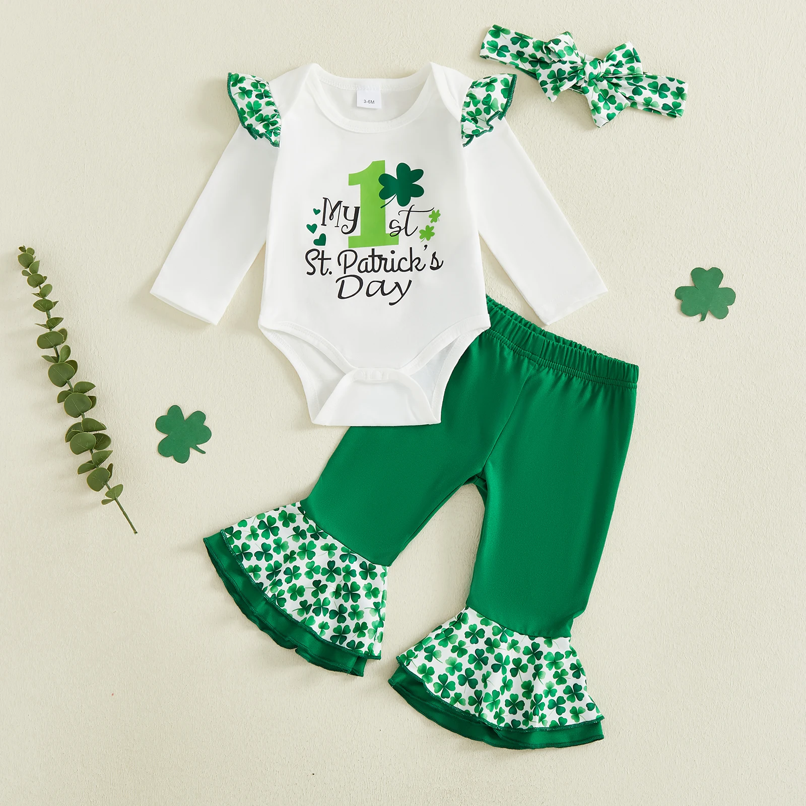 طفل الفتيات ملابس الربيع طويلة الأكمام كشكش رومبير + السراويل مضيئة + مجموعة عصابات رأس الوليد الطفل عيد القديس باتريك زي الملابس #3