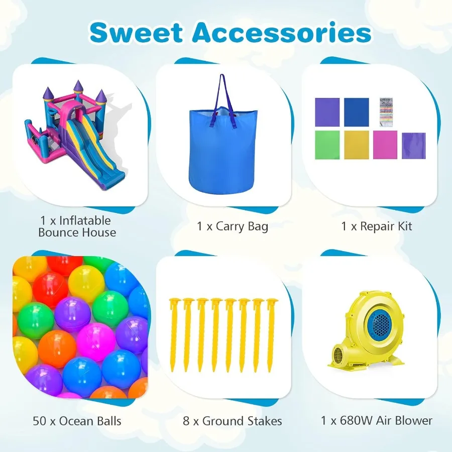 Casa de rebote inflable, castillo de salto rosa para niños con tobogán, pozo de pelotas, pared trepadora, con soplador de 680W, 50 Uds. De bolas oceánicas